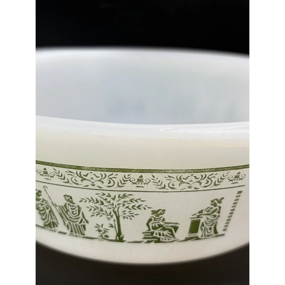 Vintage Glasbake Milk Glass With Roman Greek Green Design 2 QT Casserole‎ Dish